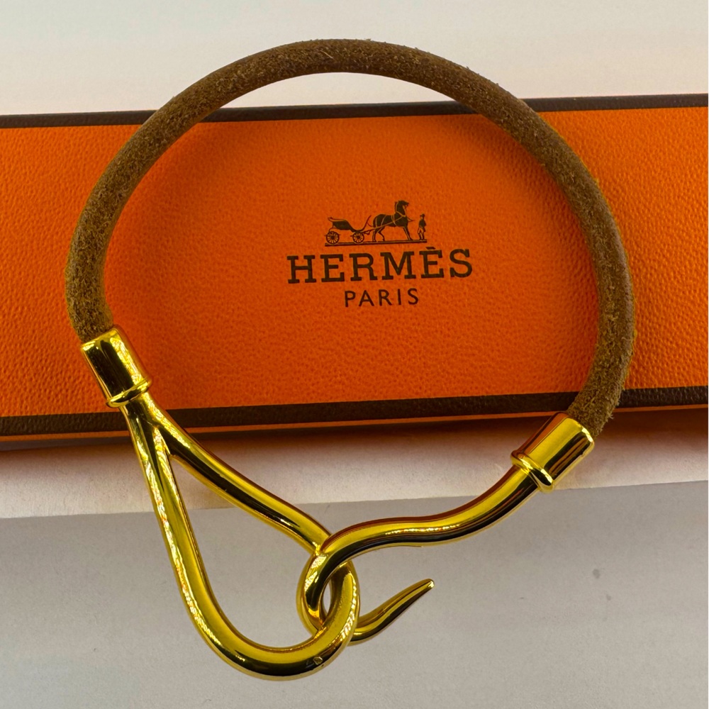 Hermès Suede Hook Bracelet Authentic Gold Plated Hermes Equestrian 1995 Vintage - Picture 11 of 12